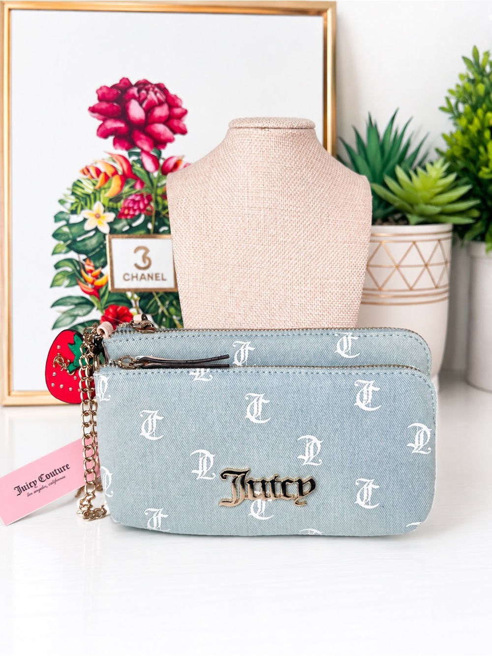 Juicy Couture Light Blue Denim Double Zip Wristlet Strawberry Bag Charm
